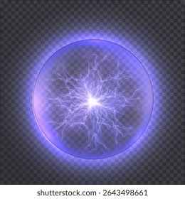 Energy sphere with bright blue lightning and glowing center on transparent background. Plasma explosion, electric lightning in bright glow.