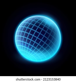 Energy sphere with physical barrier, globe illuminating with neon light with mesh grid. Vector safety and protection, defensive measures and immunity. Ball with glowing effect, modern technologies