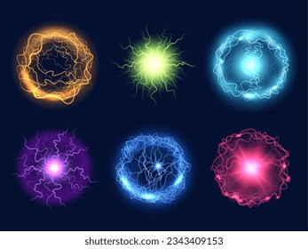 Energy sphere. Realistic lighting power of electric or thunder explosion decent vector template set