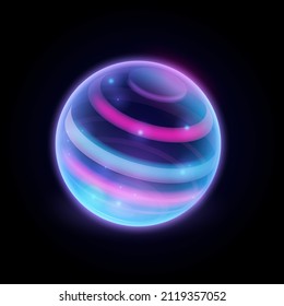 Energy sphere surface with neon illumination and magic dust, isolated protected ball or round object. Vector futuristic element with grid or shield shell, immunity and antiviral bubble illustration