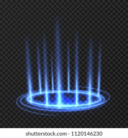 Energy spinning circle with blue glowing rays. Fantasy portal, magic twirled teleport on floor iod vector illustration. Effect energy ray teleport futuristic illustration
