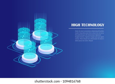 Energy station concept, cloud storage technology, data center,  data storage, server room. Isometric vector illustration.