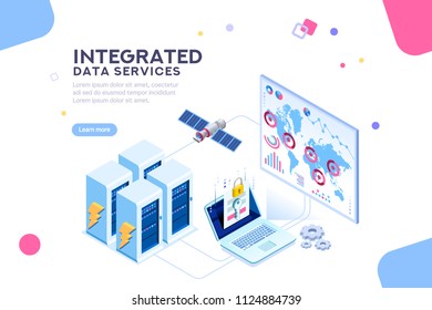 Energiestation der Zukunft. Hardware von globalem Rechenzentrum, elektronisches Server-Netz für Softwarelösungen zum Austausch von Informationen über digitales Netzwerk. Ethernet-Technologie. Flaches isometrisches Vektorgrafik