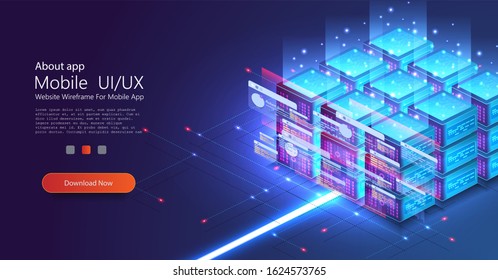 Energy station of future. hardware of global data center. Big data processing and analysing landing page vector template. Analytics data servers, server room banner. Network mainframe infrastructure.