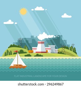 Energy station, industrial landscape. The nuclear power plant on the background of the city. Vector flat illustration