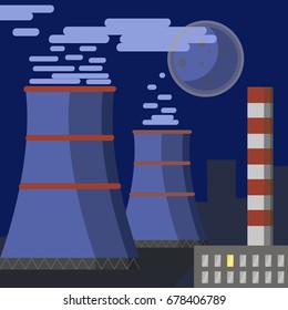 Energy station. The nuclear power plant on the night background with moon. Set of elements for construction of urban and city landscapes. Vector flat illustration