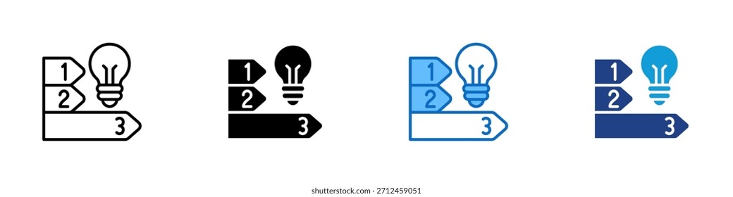 Vector de diseño de íconos de estilo múltiple: proceso de tres pasos con una bombilla que representa las etapas de planificación energética o desarrollo de innovación