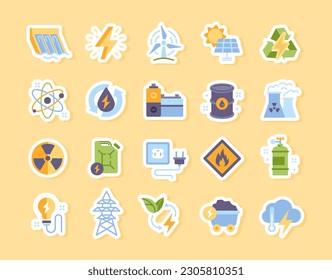 Energy stickers set. Icons for site with sources of energy and electricity. Solar panel, windmill. battery and factory, nuclear and water station. Flat vector collection isolated on yellow background