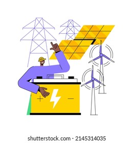 Energy storage abstract concept vector illustration. Energy collection methods, electrical power grid, accumulator battery, solar panel, wind turbine, renewable technologies abstract metaphor.