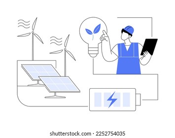 Abstraktes Konzept für Energiespeicherung, Vektorgrafik. Methoden der Energiegewinnung, Stromnetz, Akkumulatorenbatterie, Solarzellen, Windkraftanlagen, abstrakte Metapher für erneuerbare Technologien.