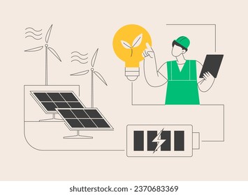 Energy storage abstract concept vector illustration. Energy collection methods, electrical power grid, accumulator battery, solar panel, wind turbine, renewable technologies abstract metaphor.