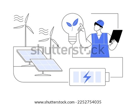 Energy storage abstract concept vector illustration. Energy collection methods, electrical power grid, accumulator battery, solar panel, wind turbine, renewable technologies abstract metaphor.