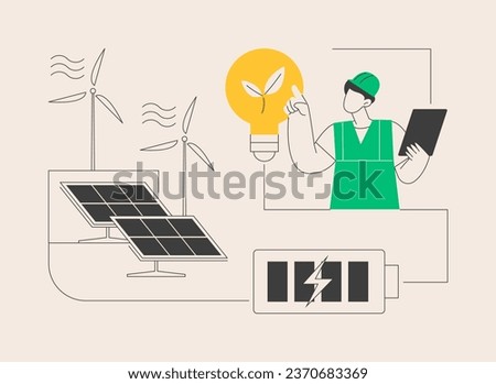 Energy storage abstract concept vector illustration. Energy collection methods, electrical power grid, accumulator battery, solar panel, wind turbine, renewable technologies abstract metaphor.