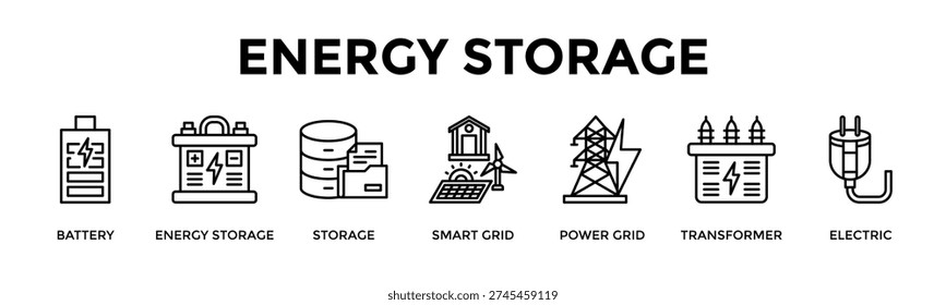 Energy Storage Banner Web Icon Set Collection Pack Vector Illustration Concept For Battery, Energy Storage, Storage, Smart Grid, Power Grid, Transformer, Electric
