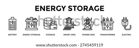 Energy Storage Banner Web Icon Set Collection Pack Vector Illustration Concept For Battery, Energy Storage, Storage, Smart Grid, Power Grid, Transformer, Electric