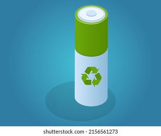 Almacenamiento de energía en baterías reciclables de bajo consumo. Concepto de ecosistema de tecnología verde con batería reutilizable. Acumulador de alimentación portátil recargable. Batería isométrica para dispositivos portátiles