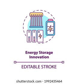 Energy storage innovation concept icon. Electrochemical storage idea thin line illustration. Methods to store energy for use. Vector isolated outline RGB color drawing. Editable stroke