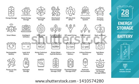 Energy storage outline icon set with distributed generation grid, electric vehicles home charging, demand management, lead acid, nickel and lithium ion battery and more editable stroke line symbols.