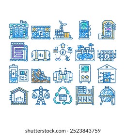 Iconos del doodle de la batería del poder del almacenamiento de energía Fijar el Vector Ilustraciones del color del poder del almacenamiento de energía del arte de la línea del bosquejo, rejilla del sistema, litio fotovoltaico, verde eléctrico, ión, inteligente, de la industria