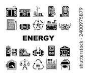 energy storage power battery icons set vector. solar panel, system grid, photovoltaic lithium, electric green, ion, smart, industry energy storage power battery glyph pictogram Illustrations