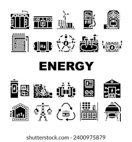 energy storage power battery icons set vector. solar panel, system grid, photovoltaic lithium, electric green, ion, smart, industry energy storage power battery glyph pictogram Illustrations