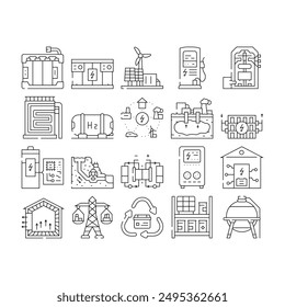 Iconos de Vector de energía de almacenamiento de energía. panel solar, rejilla del sistema, litio fotovoltaico, verde eléctrico, ion, inteligente, batería de energía de almacenamiento de la industria