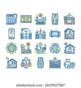energy storage power system doodle icons set vector. grid lithium, ion electric, photovoltaic wind, green industry, technology, smart energy storage power system sketch hand drawn