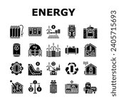 energy storage power system icons set vector. grid lithium, ion electric, photovoltaic wind, green industry, technology, smart energy storage power system glyph pictogram Illustrations