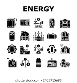 Energiespeichersystem-Symbole setzen Vektorgrafik. Raster-Lithium-Ionen-Strom, Fotovoltaik-Wind, grüne Industrie, Technologie, intelligentes Energiespeichersystem - Piktogramm-Illustrationen