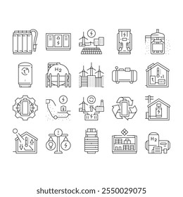 Iconos del sistema de energía de almacenamiento de energía Conjunto de Vector. Icono de litio de la rejilla, ión eléctrico, viento fotovoltaico, industria verde, tecnología, sistema de energía de almacenamiento de energía inteligente Ilustraciones de contorno negro