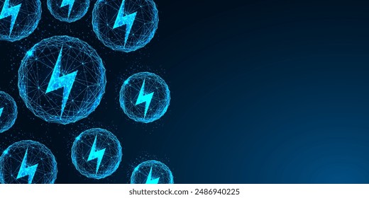 Energy storage solution, sustainable power innovation futuristic banner. Lightning symbols inside spheres and place for text on dark blue background. Glowing low polygonal style. Vector illustration