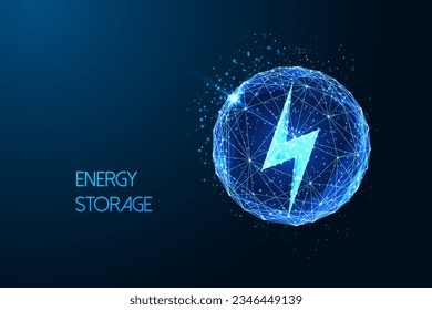 Energy storage, sustainable energy solutions futuristic concept with lightning symbol inside of sphere in glowing low polygonal style on blue background. Modern abstract design vector illustration