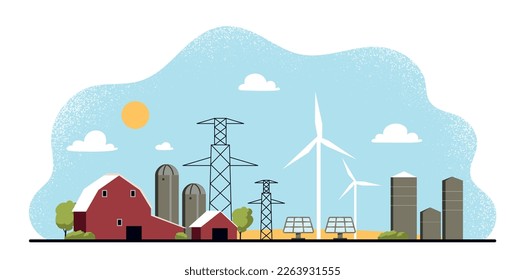 Sistema de almacenamiento de energía. Molinos de viento y paneles solares. Fuentes de energía alternativas, preocupación por la ecología y el medio ambiente. Batería de la estación de carga. Estilo de vida sostenible. Dibujo vectorial plano de dibujos animados