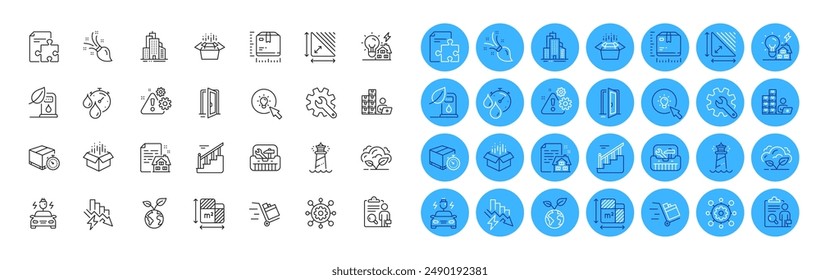 Energy, Strategy and Skyscraper buildings line icons pack. Open door, Floor plan, Co2 gas web icon. Delivery timer, Warning, Framework pictogram. Open box, Packing boxes, Toolbox. Brush. Vector