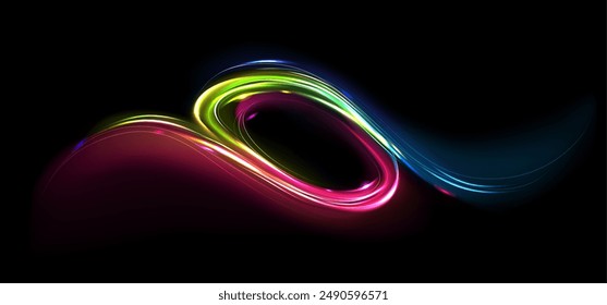 Energy streak effect with neon light orb glow. Abstract magic spiral or shine swirl vortex. 3d flash twist flow design. Futuristic speed motion graphic shape. Bright laser wind twirl portal or frame