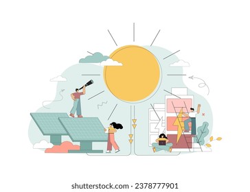 Energy of the sun. Alternative energy source. People use solar panels. Vector flat illustration