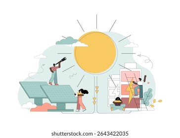 Energia do Sol. Fonte de energia alternativa. As pessoas usam painéis solares