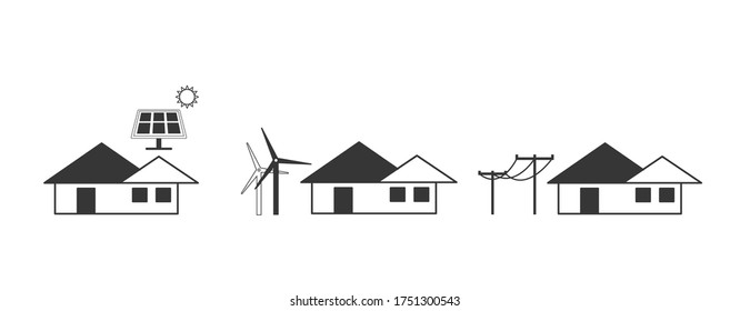 energy sun wind electricity vector icon set solar panel wind turbine power lines icon