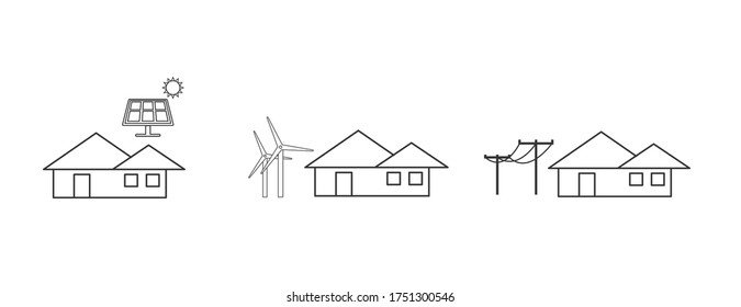 energy sun wind electricity vector icon set solar panel wind turbine power lines icon