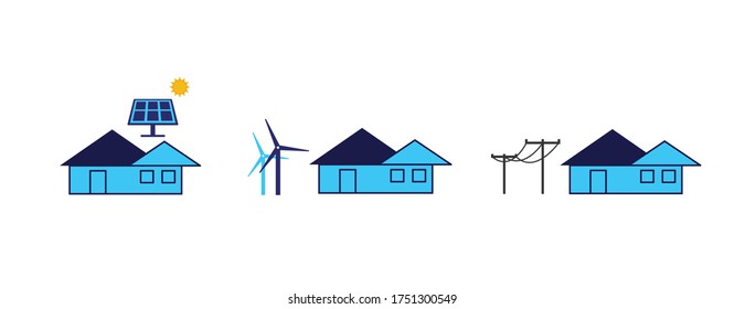 energy sun wind electricity vector icon set solar panel wind turbine power lines icon
