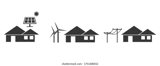 energy sun wind electricity vector icon set solar panel wind turbine power lines icon
