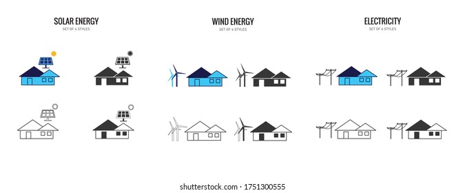 energy sun wind electricity vector icon set solar panel wind turbine power lines icon