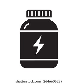 Energy supplement bottle icon with a lightning bolt for sports nutrition a pre workout performance booster for fitness and athletic power enhancement vector solid glyph icon