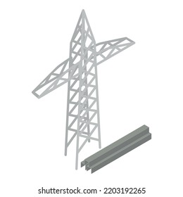 Energy supply icon isometric vector. Power line pylon and u shaped steel rail. High voltage power energy transmission tower, industry infrastructure, electrification