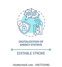 Icono de concepto de digitalización de sistemas de energía. Ilustración de línea delgada de la idea de tendencia de la industria. Mantenimiento de estabilidad y fiabilidad. Dibujo de color RGB con contorno aislado del vector. Trazo editable