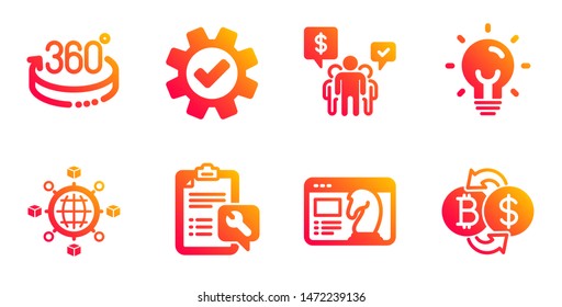 Energy, Teamwork and Spanner line icons set. 360 degrees, Seo strategy and Logistics network signs. Service, Bitcoin exchange symbols. Lightbulb, Employees chat. Technology set. Vector
