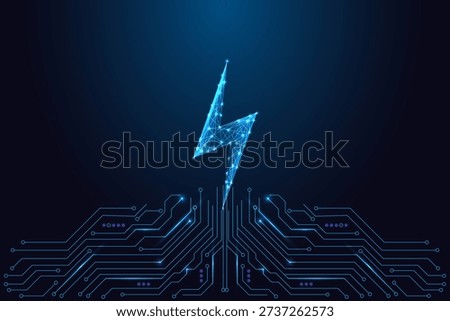 Energy tech, electric power and high-voltage innovation concept with glowing low-poly lightning bolt above circuit lines. Futuristic neon mesh, sparks and blue cyber style. Modern vector illustration