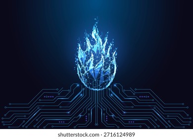Energy tech, heat systems and digital power. A glowing polygon flame above a circuit board, symbolizing energy flow, thermal tech and power generation. Neon blue futuristic vector illustration.