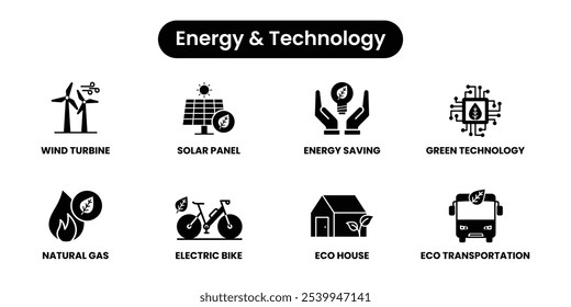 Energy and Technology Icon Set - Renewable Energy and Eco-Friendly Solutions Wind Turbine, Solar Panel, and Electric Transportation. Black solid vector icon set	