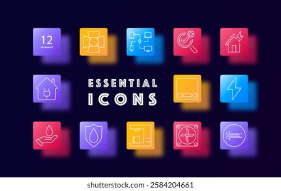 Energy and technology set icon. Renewable energy, home automation, smart technology, digital transformation, power management, engineering, connectivity, electricity, innovation